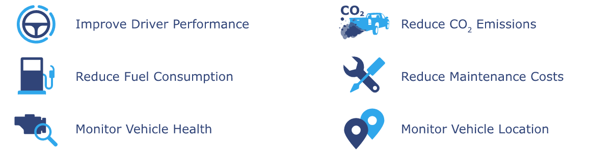 Improve Driver Performance, Reduce Fuel Consumption, Monitor Vehicle Health, Reduce CO2 Emissions, Reduce Maintenance Costs, Monitor Vehicle Location